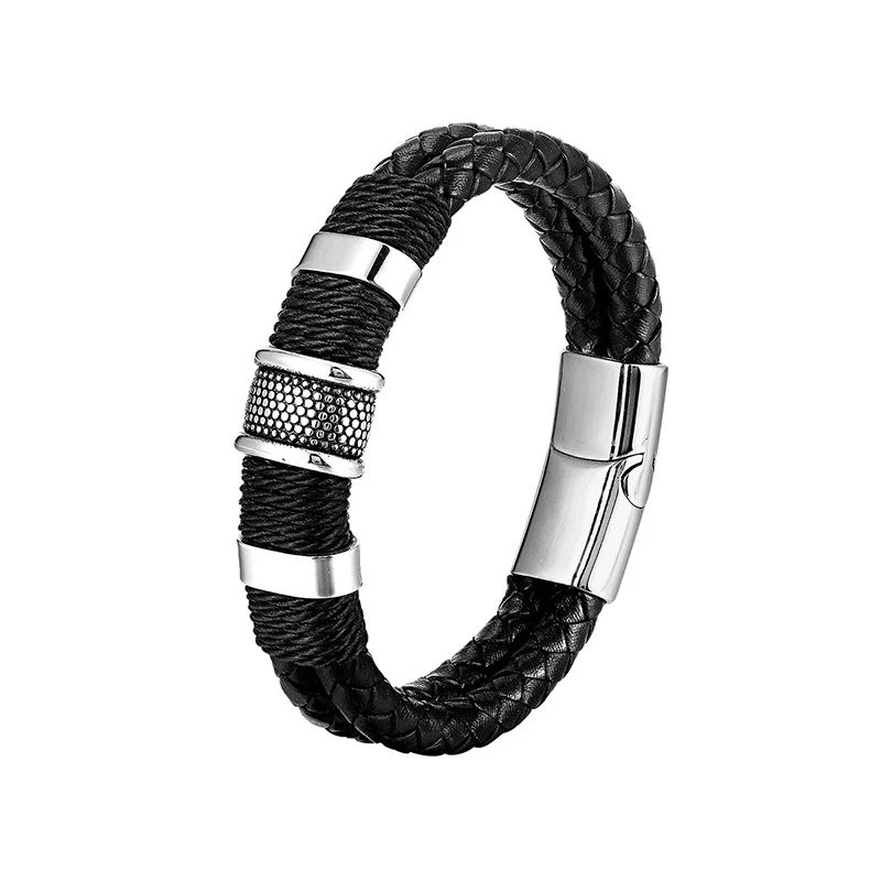 Vintage stainless steel cuff tennis string silver engraved bracelet men designer custom genuine leather bracelets logo