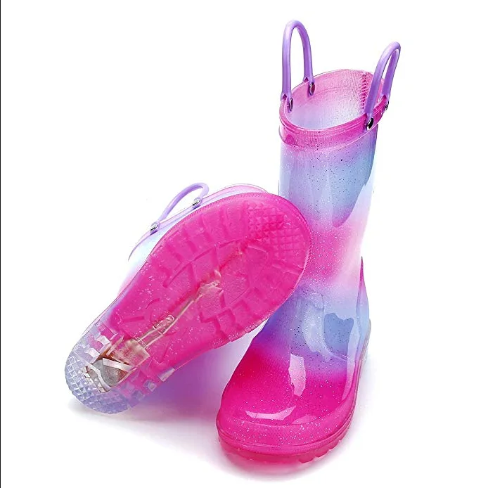 Girls Plastic Wellies Toddler LED Shiny Children Rain Boots
