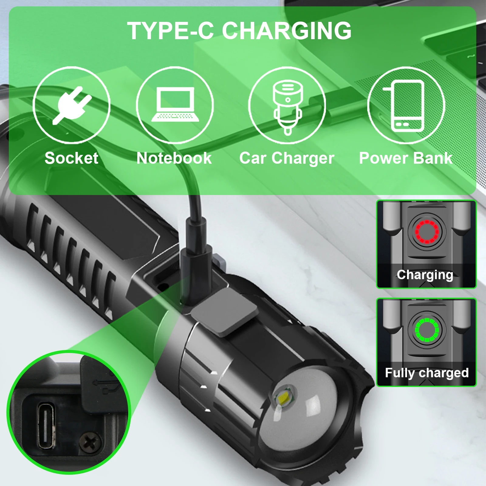 XPE USB Type-C charging IP65 Waterproof Powerful Multifunction ABS plastic flashlight Long-range Zoomable Emergency Torch  Light