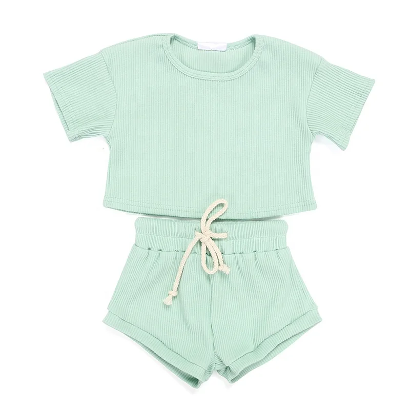 Solid mint summer draw string ribbed cotton shorts O-neck pullover baby clothes two pieces girl sets