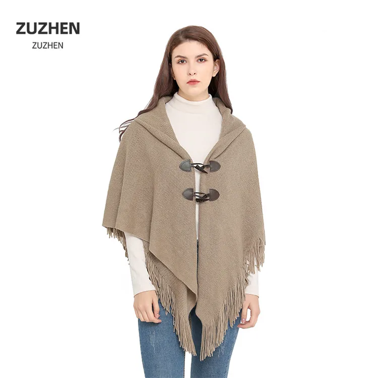 New Product Keep Warm Knitting Open Style Shawl Ladies Coat With Ox Horn Button Winter Shawl Woman