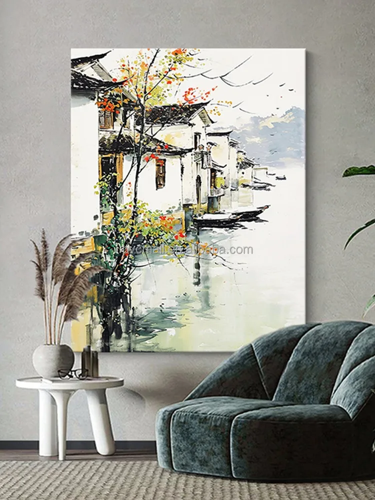 Art scenery drawing style oil colour painting hand painted traditional chinese wall painting chinese landscape painting
