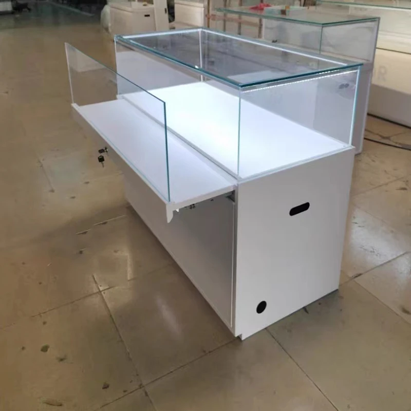 Factory custom glass cell phone accessories display showcase drawer open door metal base promotion cabinet