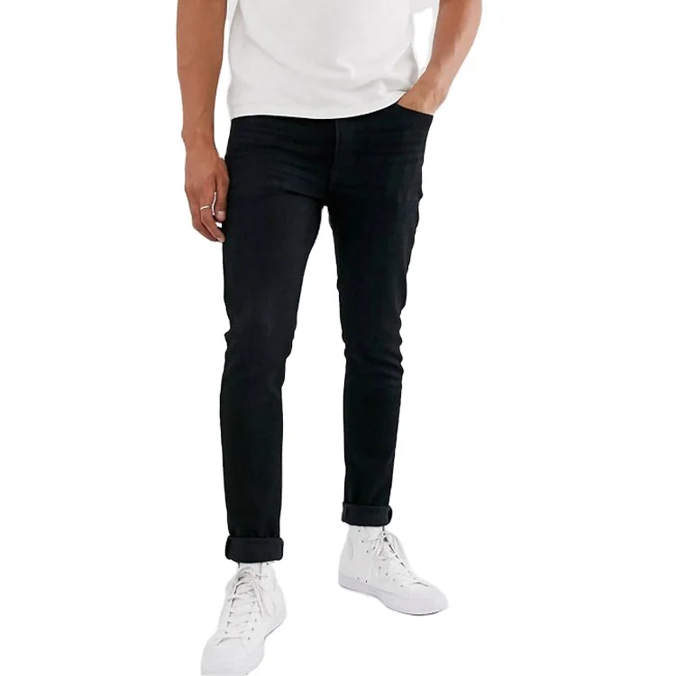 Custom design skinny fit functional pockets tapered leg black denim jeans men wholesale