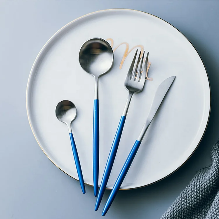 
2021 new arrivals customizable logo hot selling cutlery stainless steel blue gold flatware, spoon and fork 
