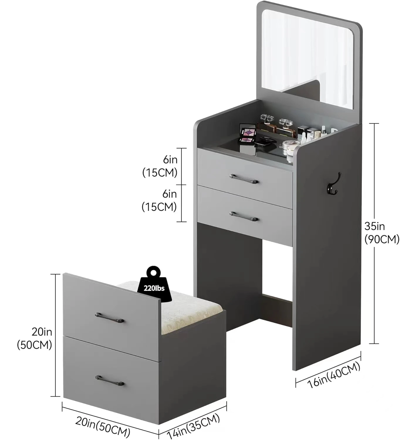 3 in 1 small Vanity Desk with flip Top Mirror Glass Desktop Cushion Tool Dressing Table for Bedroom 3 Drawers