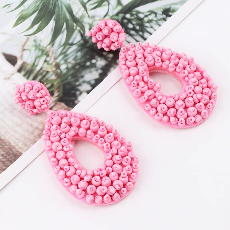 Statement Ethnic Bohemian Single Side Seed Rice Beads Geometric Oval Long Drop Earring for Women Handmade Fashion Jewelry