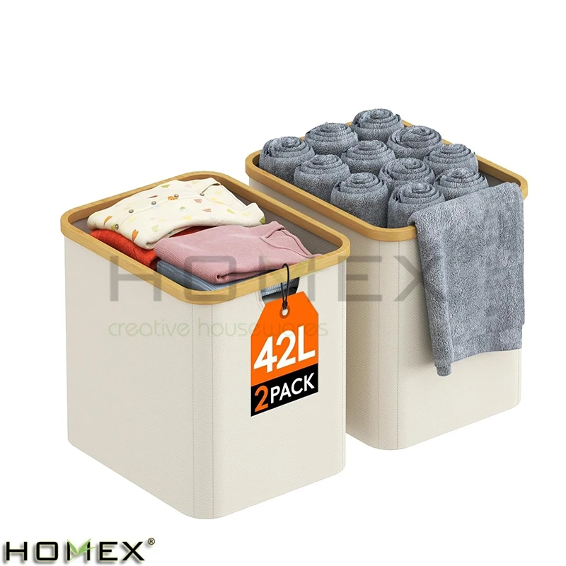 42L Collapsible 2Pack Foldable Storage Basket Storage Bin Cubes with Bamboo Handles