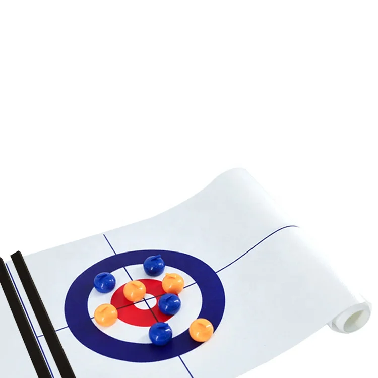 Adults and kids team bowing board game and table top curling game