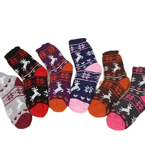 Custom Wholesale Knitted Jacquard Socks Thick With Fur Lined Winter Non-Slip Lady Socks