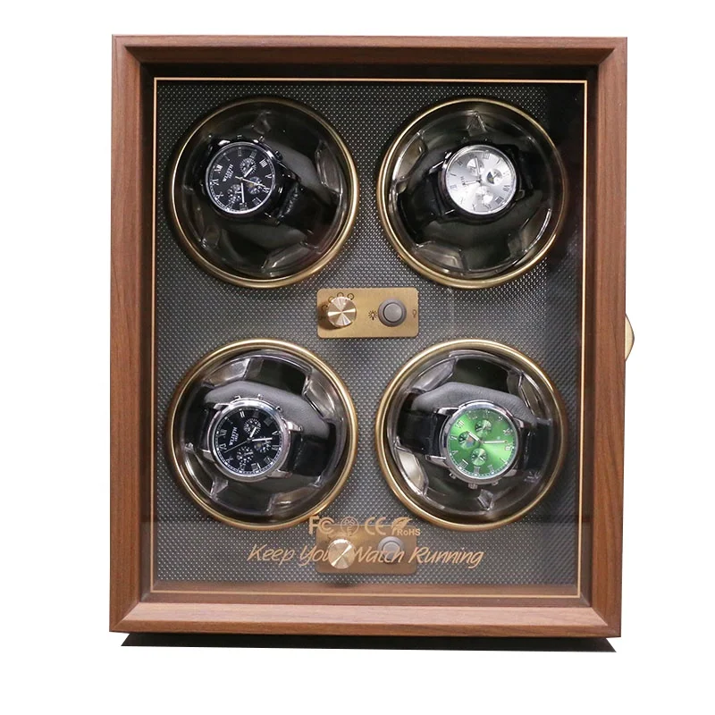 High Quality 4 Slot Automatic Walnut Grain Watch Winder Wood Paper Storage Blue Light Control Made Smart Watches Packaging Case