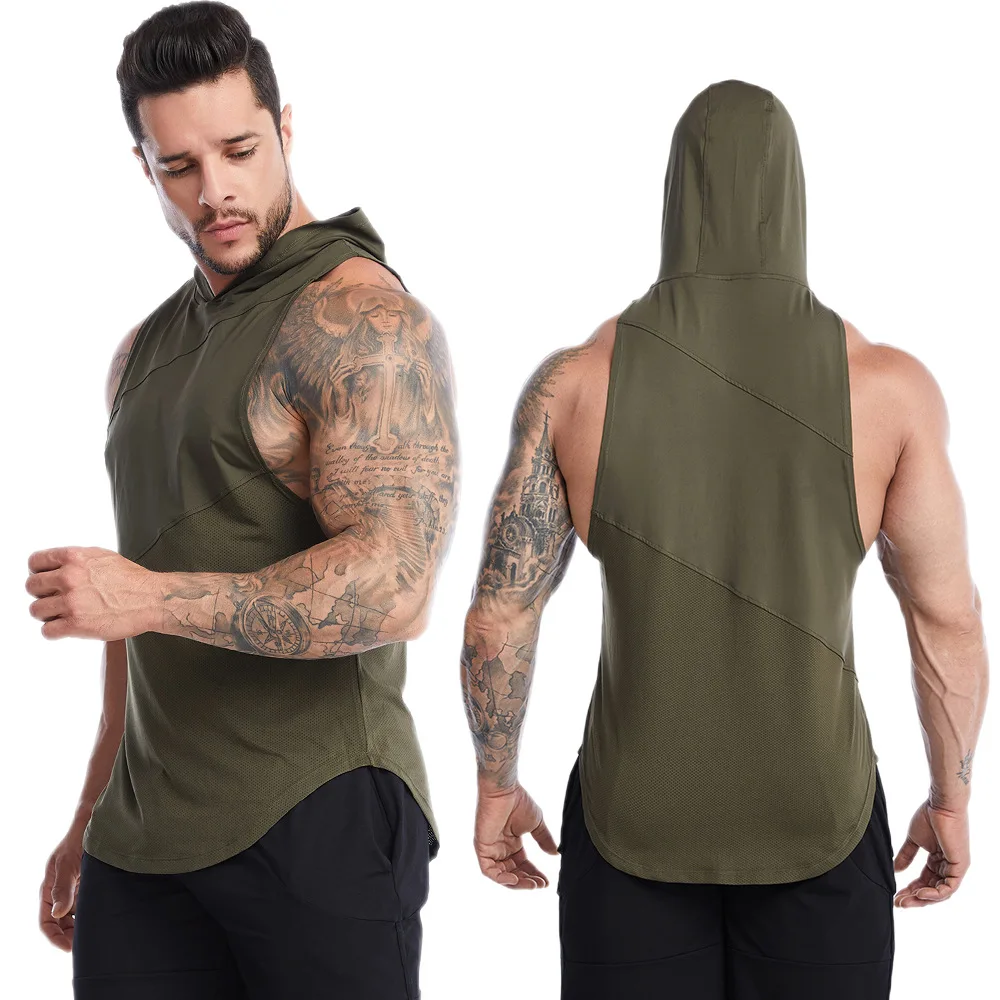 Navy Blue Oliver Geen Curved Hem Quick Dry Connect Mesh Man Sleeveless Clothes With Hood Sports T-Shirts For Men