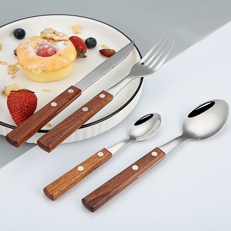 Most Popular Stainless Steel 4 pcs portable bag Knife Fork Spoon Mirror Polished Kitchen Flatware Set Wood Handle Cutlery