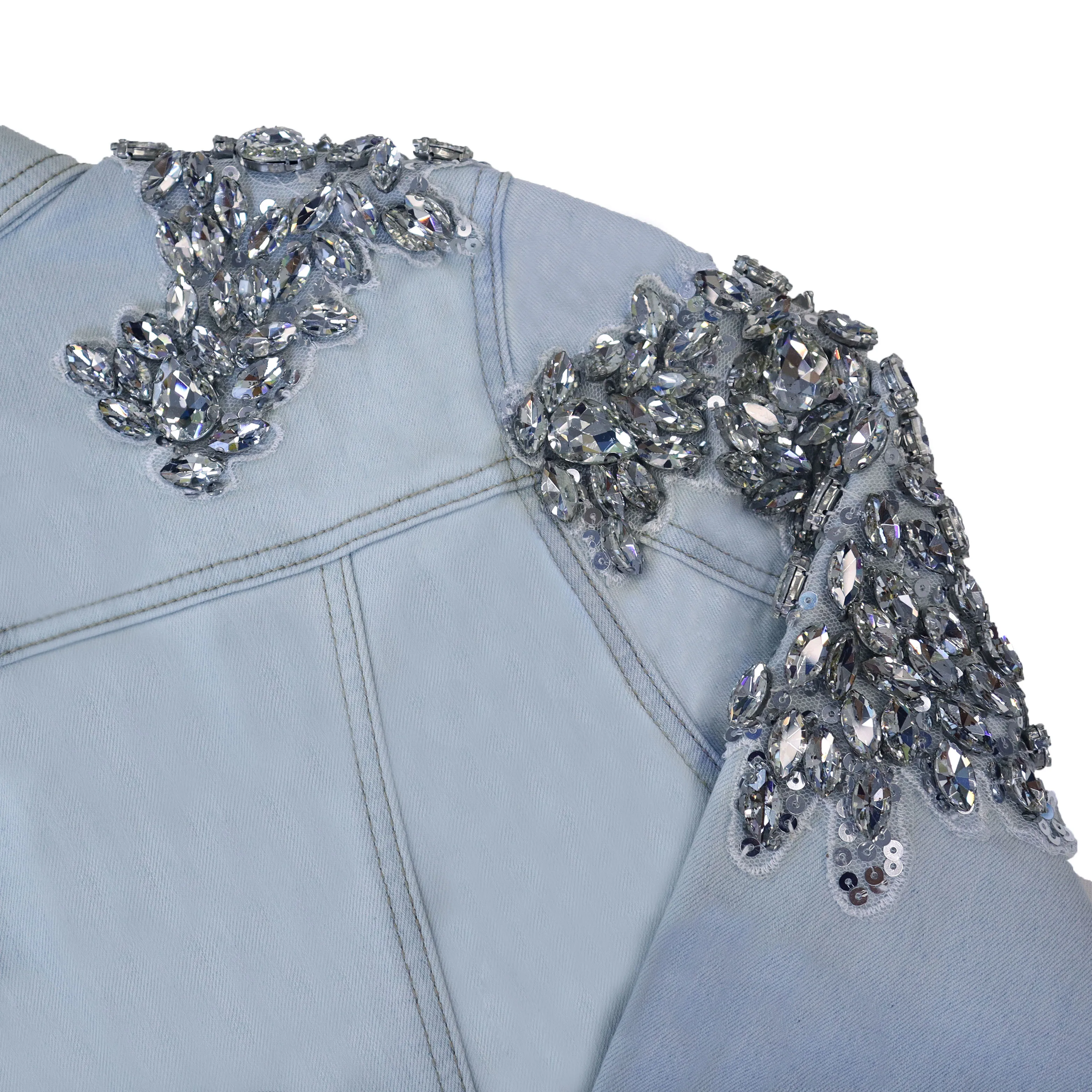 custom women ladies Sequin Patches pearl beading denim jacket shoulders fallen for women