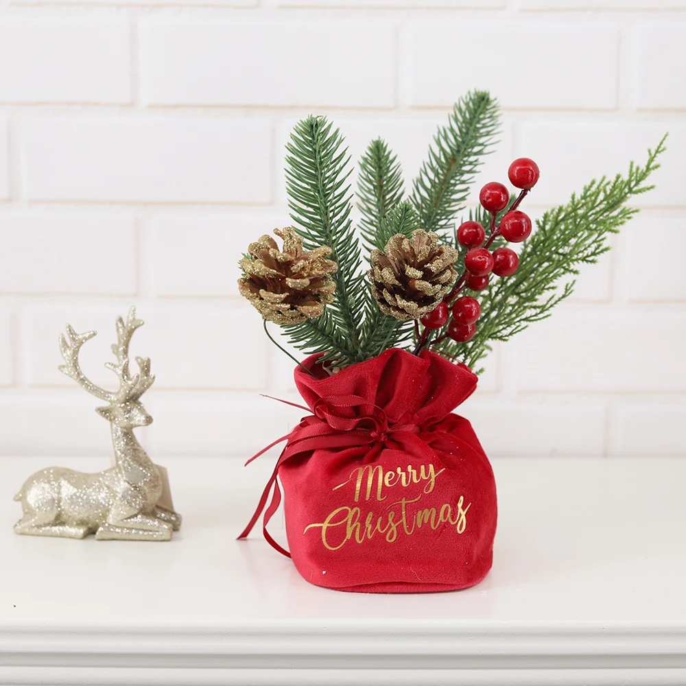 Artificial Christmas Tree With Red Berry Flower Pine Cone Mini Tabletop Tree Xmas Home Decorations