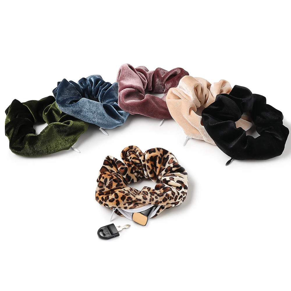 Custom Logo Bulk Hidden Pocket Velvet Silk Satin Chiffon Cotton Polyester leopard print scrunchie Hair Scrunchies With Zipper