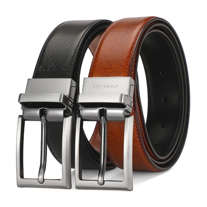 mens leather belts 100% genuine leather double side reversible buckle leather belts flat belts