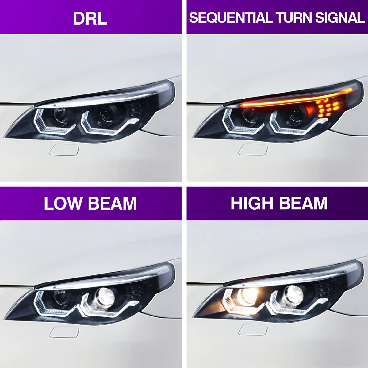 Archaic Led headlights For BMW E60 2003-2010 with DRL Dynamic Turn Signal Lamp Low Beam High Beam Angel Eye Projector Lens