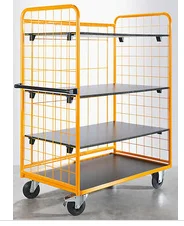 Mesh Trolley With MDF Stage  Metal  Industrial Transport Heavy Capacity Four Wheel Storage Trolley Carts Platform