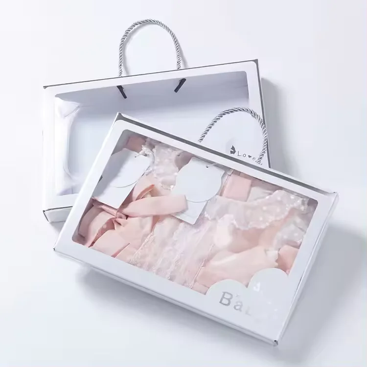 Customized Baby Knitwear Set Packaging paper bag Portable Pure White Clothes Box Packaging with Transparent  PVC Window