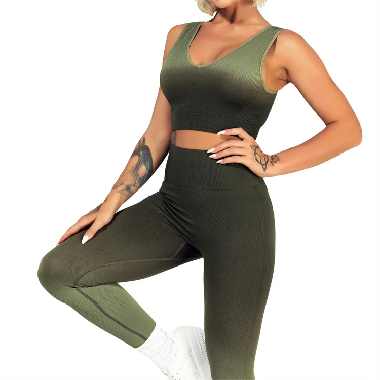 D12513 Outdoors running fitness gradual change color vest high waist joggers pants 2 piece pants set womens tracksuits