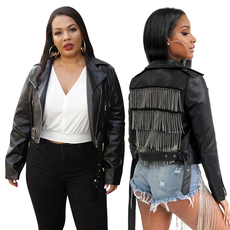 
Women Plus Size Casual Zipper Turn-down Collar Tassel PU Biker Jacket Coats Leather Jackets 