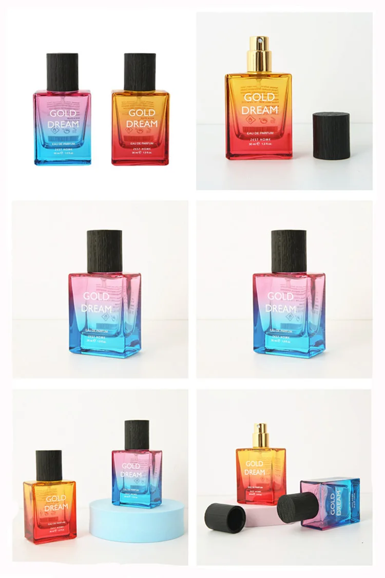 free sample 30ml 30 ml gradient colorful rectangle classic decant perfume bottles crimping gold spray black cap