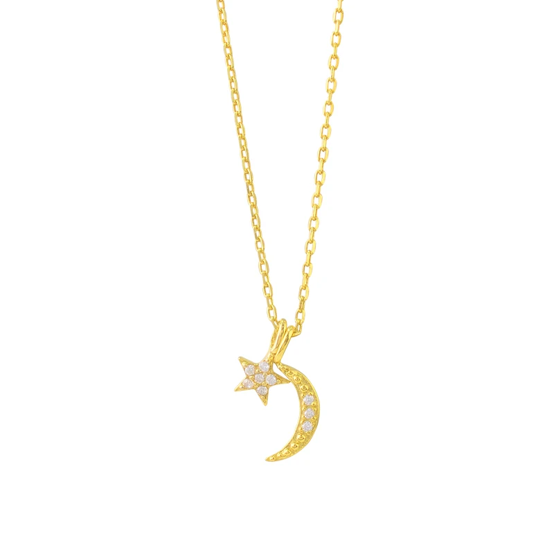 Wholesale Jewelry Making Accessory Crescent Moon And Star Shape Gold plated 925 Sterling Silver Cz Pendant Necklace