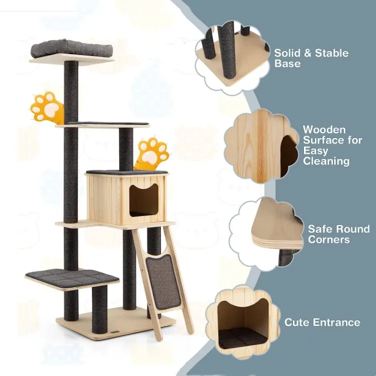 Natural Pet Sisal Climbing Scratcher Wood Condo Furniture Scratching Post Cat Tree Tower Pet Supplies