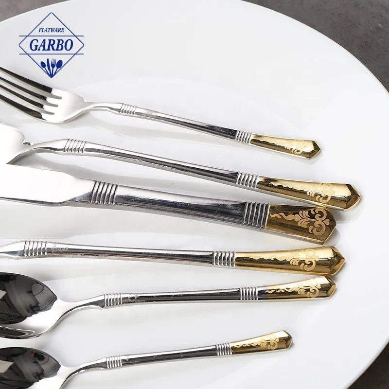 Modern food grade dishwasher safe tableware 201 stainless steel mirror laser gold plated cutlery flatware sets