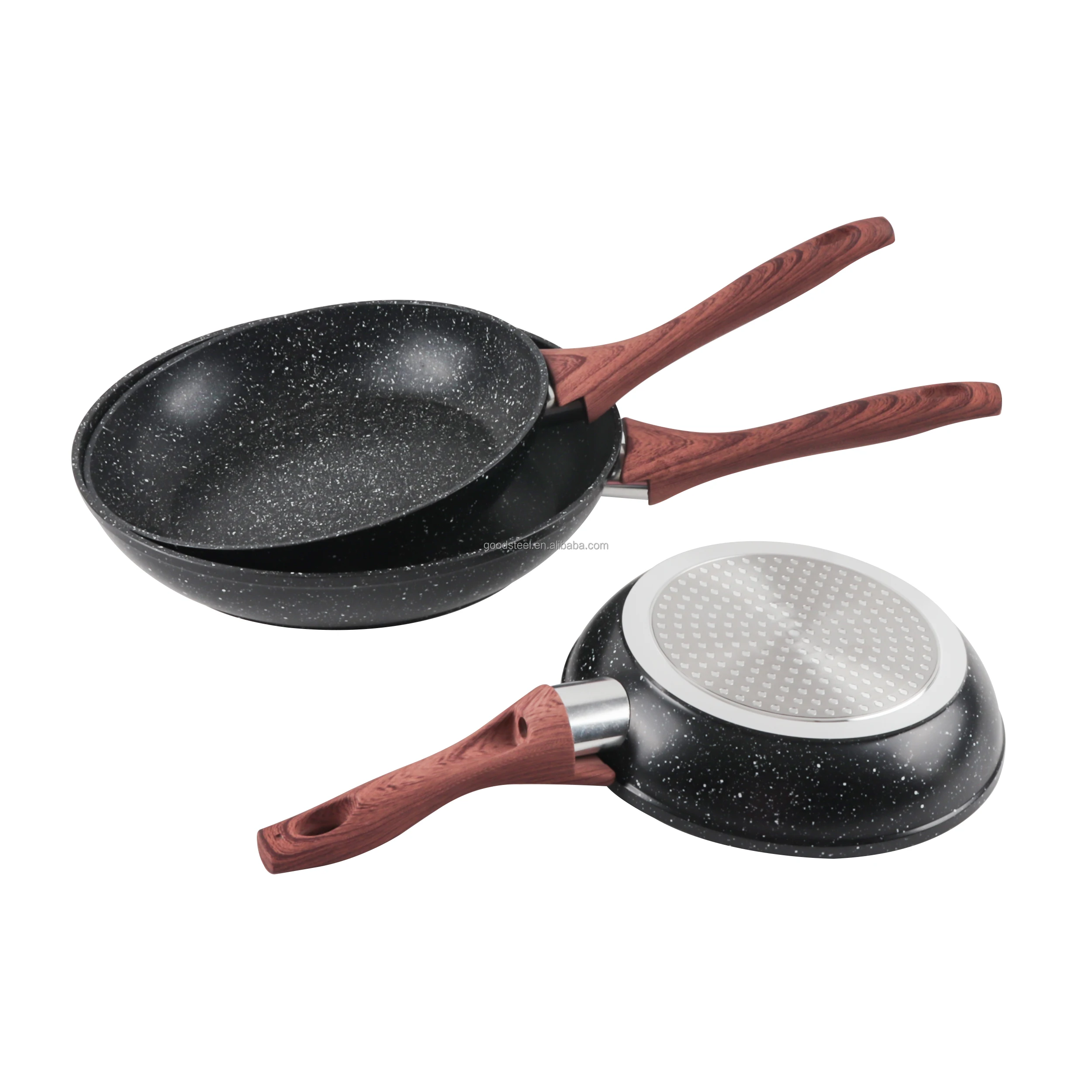 20cm Forged Aluminum Fry Pan with Marble Non-Stick Coating Pans Wooden style handle on non stick fry pan