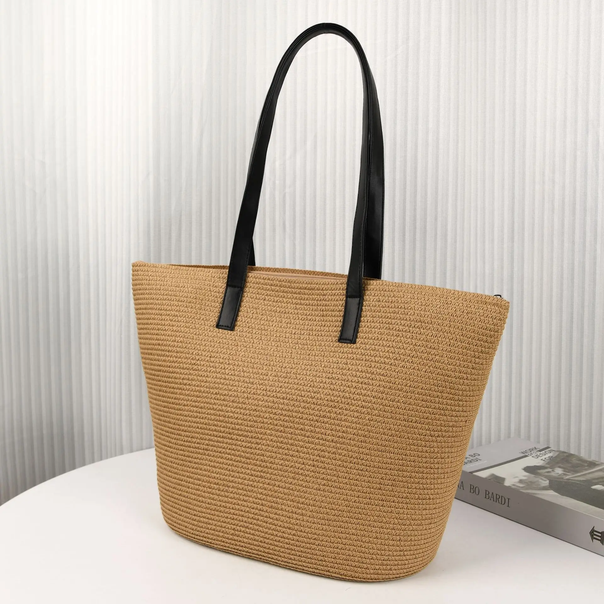 Niyang new design SS24 women summer holiday tropical sun beige camel striped paper straw beach bag and hat sets