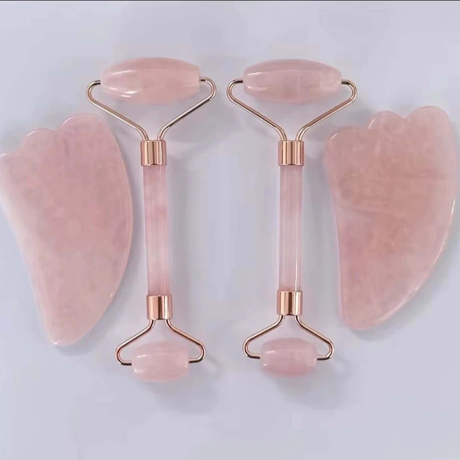 Portable Custom Logo Pink Rose Quartz Facial Massager Face Massage Jade Roller Gua Sha Set with Crystal Stone Feature