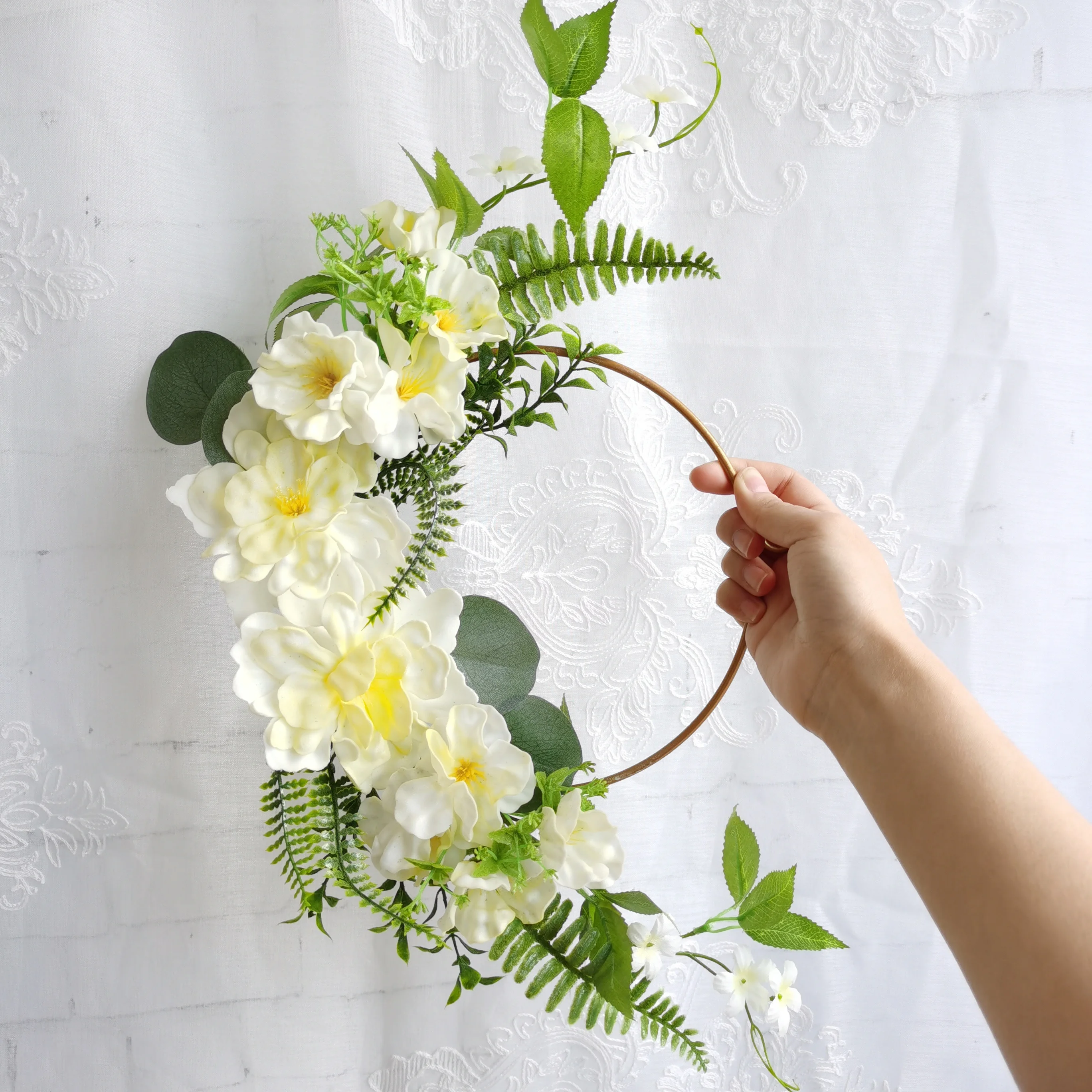 Оптовая продажа, искусственный цветок пиона из пены, металлический обруч, венок 45 см, искусственный белый цветок для украшения стен, свадебный фон