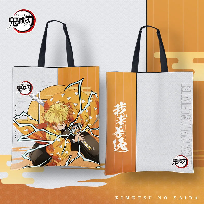 Cartoon Printed Demon Slayer Canvas Bag Shoulder Folding Shopping Tote Bag For Girls