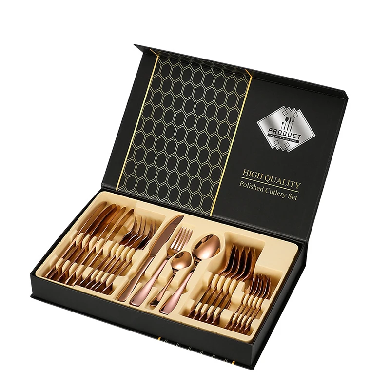 Wholesale cheap luxury restaurant hotel wedding 24pcs knife fork spoon sets 304 stainless steel black gold cutlery flatware set