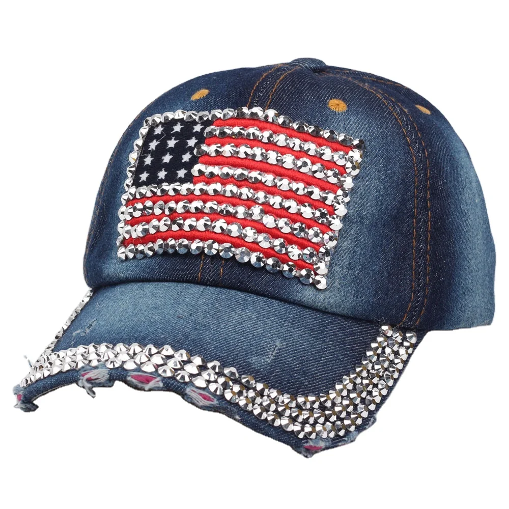 Women American Flag Rhinestone Jeans Denim Baseball Adjustable Hat