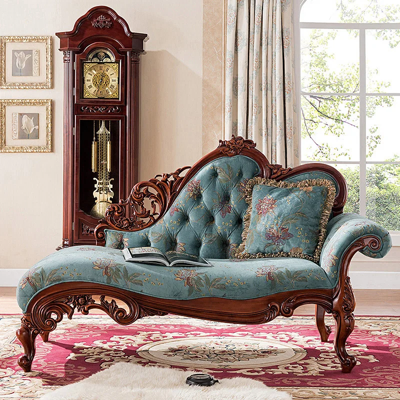 OEM European Style Living Room Chairs Wooden Leather Antique Chaise Lounge Sofa Bench Chair