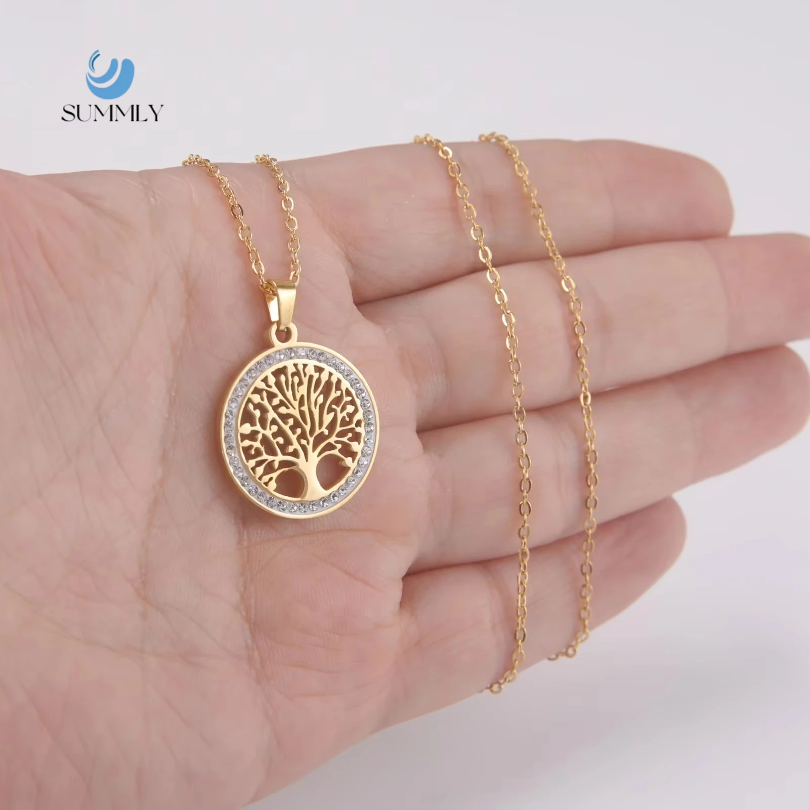 SUMMLY Religious Style Zircon Peace Life Tree 18K Gold Stainless Steel Pendant Necklace Fashion Jewelry