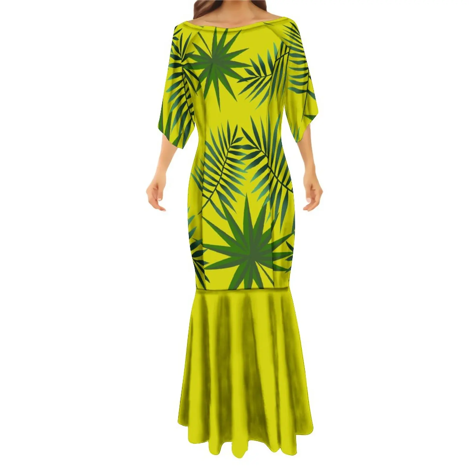 Wholesale Custom Palm Leaf Print Half Sleeve One Shoulder Fishtail Evening Dresses Women Elegant Long Maxi Trumpet Mermaid Dress