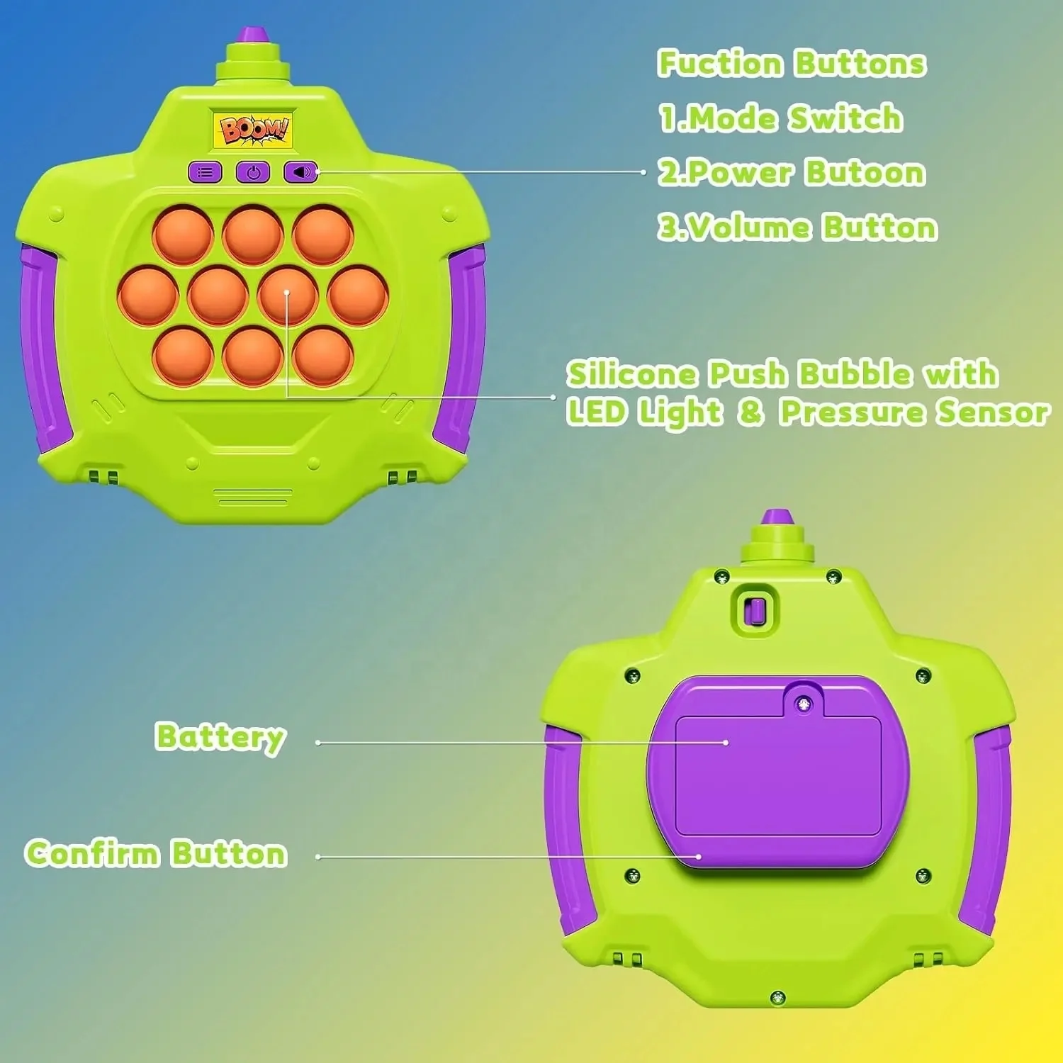 Pop Fidgets Kids Games Toys Handheld Sensory with Balloons Quick Push Game Console Bubble Stress Pop Light Up Game