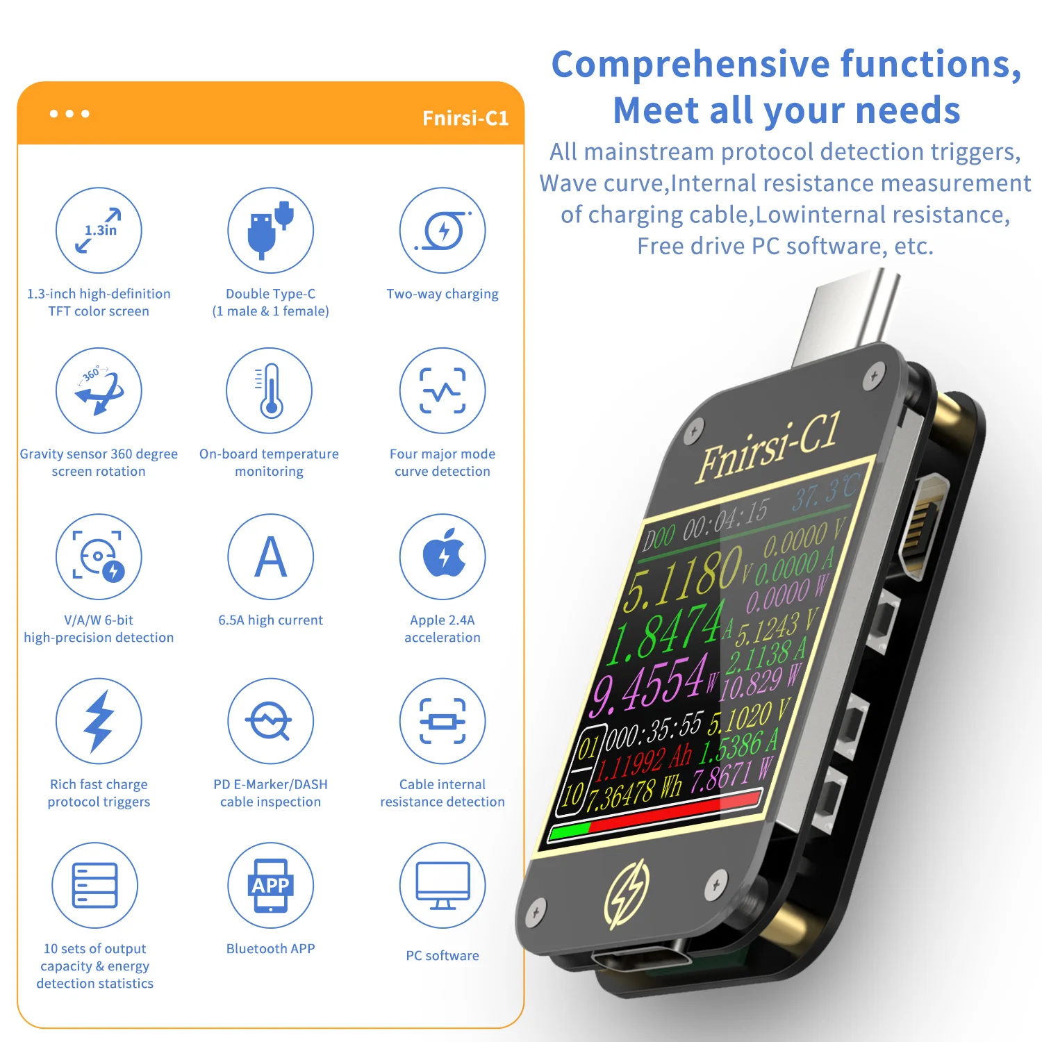 FNIRSI-C1 usb multifunction tester Fast Charging Protocol type c usb tester usb c tester With PC Software