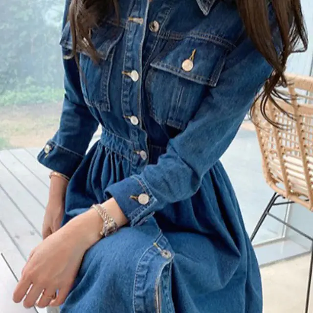 Single Button Denim Midi Dress for Women Elegant Formal Casual Style with Long Sleeve New Design for Summer