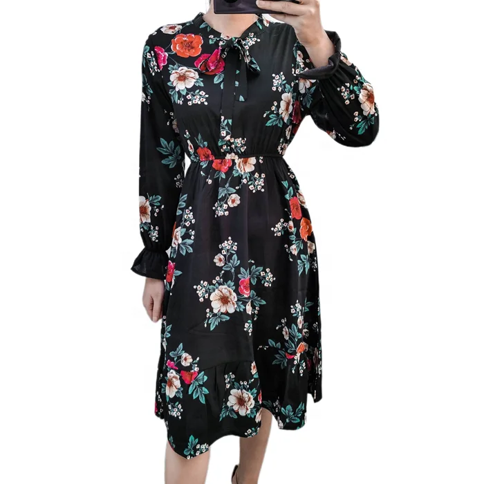 Весеннее женское Плиссированное Повседневное платье Amazon 2021 с длинным рукавом и бантом, шифоновое платье с цветочным принтом