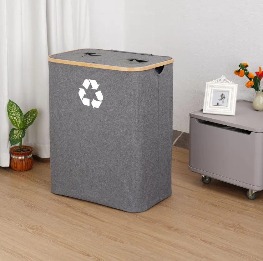 Customization Large Bamboo Black Grey Kitchen Recycling Bin Deposit Bottle Storage Recycling Bottle Basket