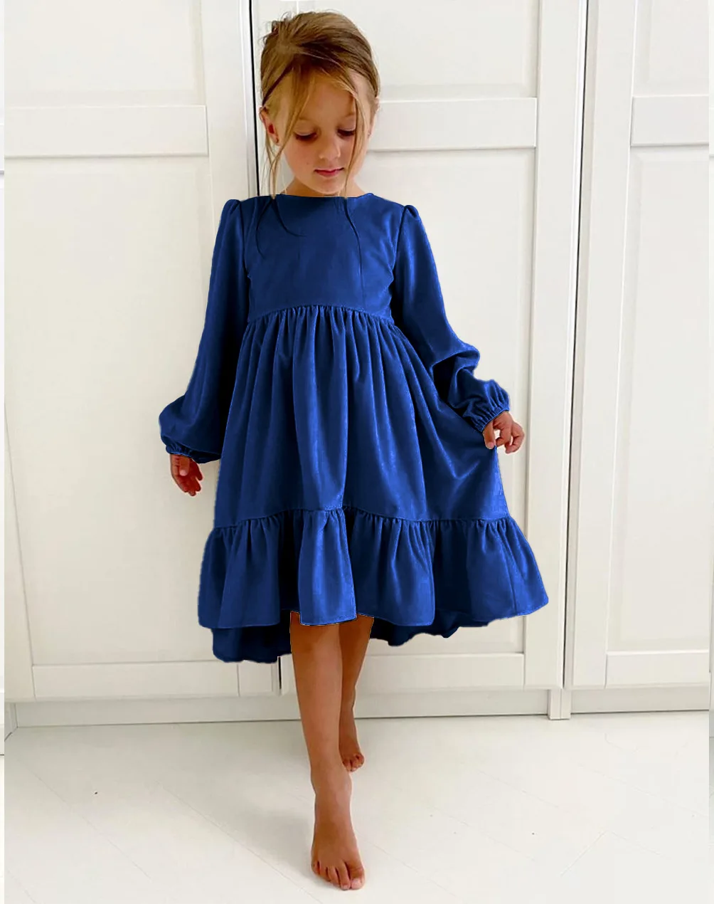 Fashion Wholesale Solid Color Print  Christmas Velvet Fabric Girls Kids Children Party Long Sleeve Thick Winter Red Twirl Dress