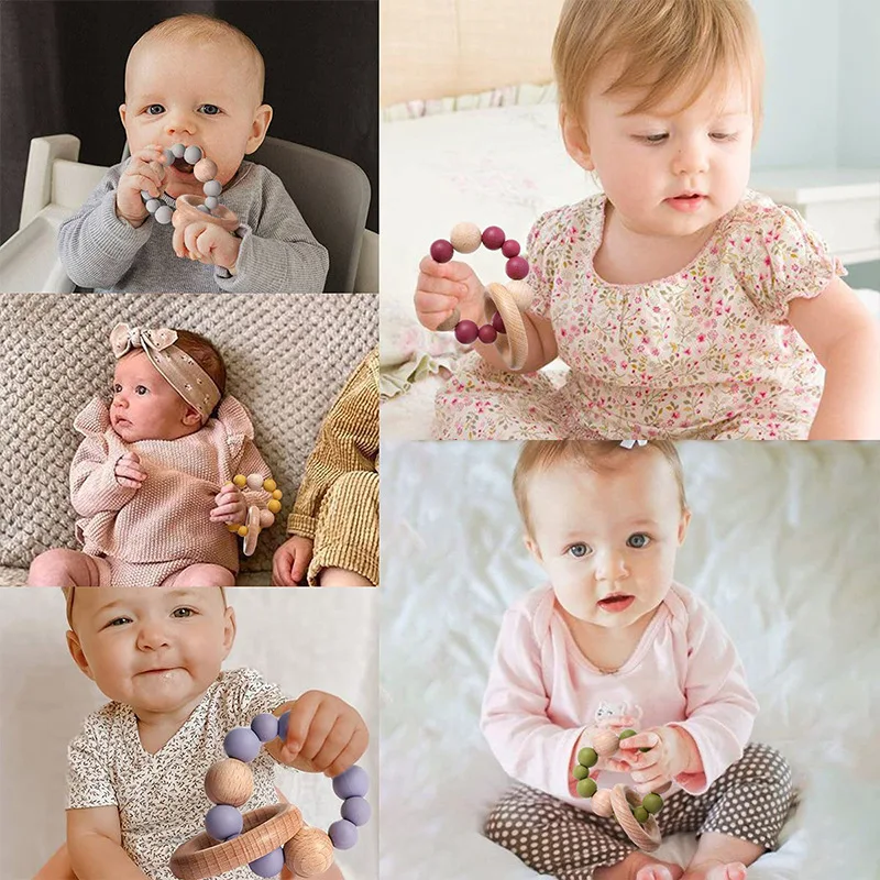 Baby Nursing Bracelets Food Grade Silicone Teether Teething Wood Rattles Toys Baby Teether Bracelets Nursing Toys Gift