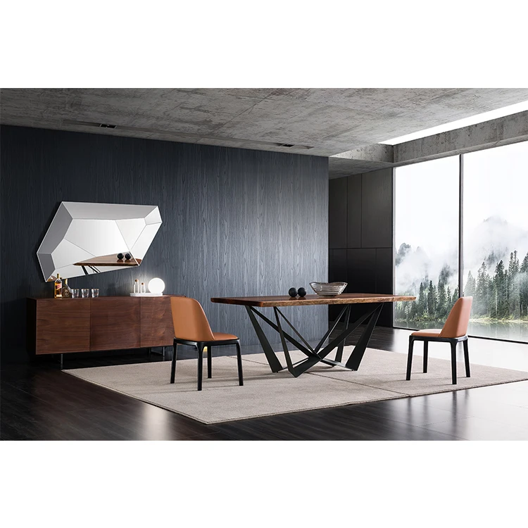 Home Furniture W shape Iron Legs With Walnut wood Top Dining Table Solid Wood Dining Table