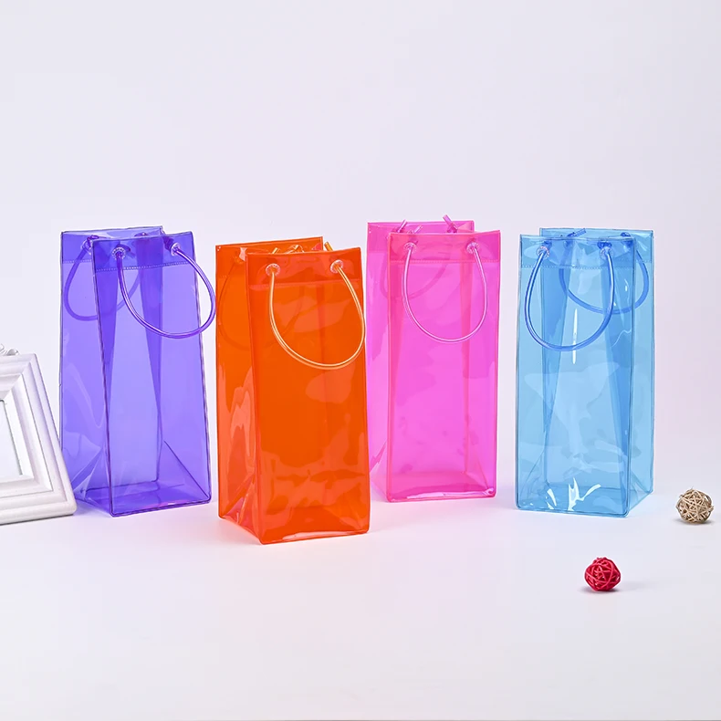 small moq pvc custom color clear plastic wine bottle bags picnic cooler bag reusable wine carrier bag
