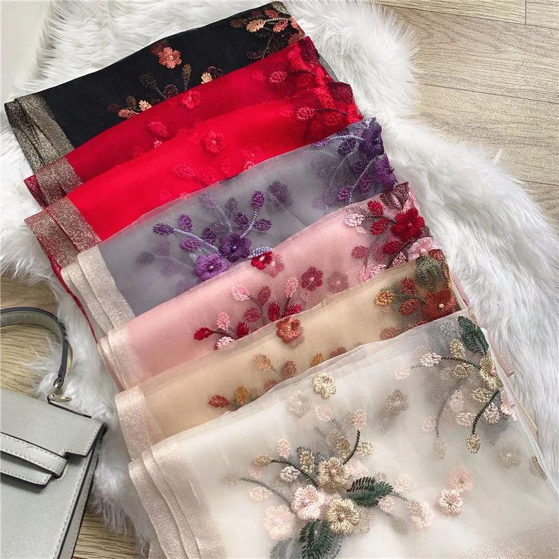 New Designer Silk Scarf Shawls Women Summer Sunscreen Lady Solid Color Luxury Hijab Foulard Headscarf Female Embroidery Bandana